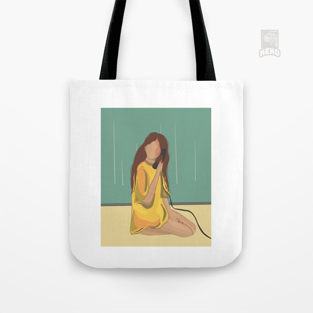Girl on Phone Yellow Version Tote Bag Kanvas