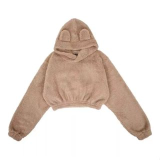INDO - Jaket Sherpa Crop Hoodie Wanita Viral | Sherpa Jacket Crop Wanita Bear Jaket Bulu Pink