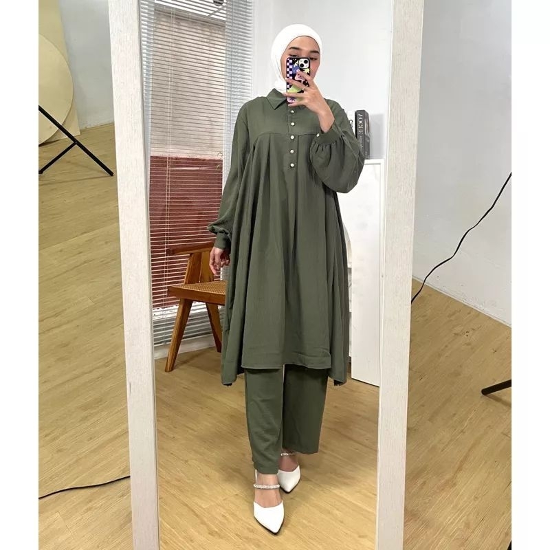 ONE SET CRINKLE LONG TUNIK JUMBO BUSUI KANCING DEPAN MEWAH