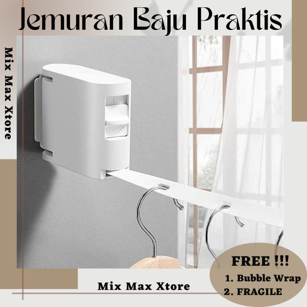 Jemuran Baju Praktis Indoor Model Tali Retractable Tali Jemuran dan Rak Pengering Portable - White