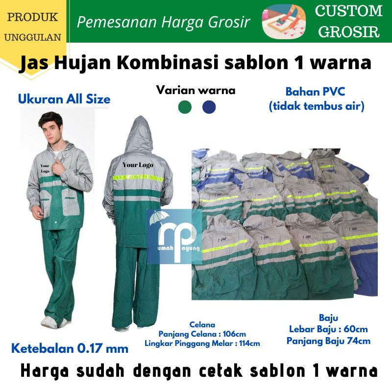 [JAS HUJAN CUSTOM GROSIR SATUAN] Jas Hujan Kombinasi Pria wanita setelan atas bawah sudah cetak Sablon 1 Warna