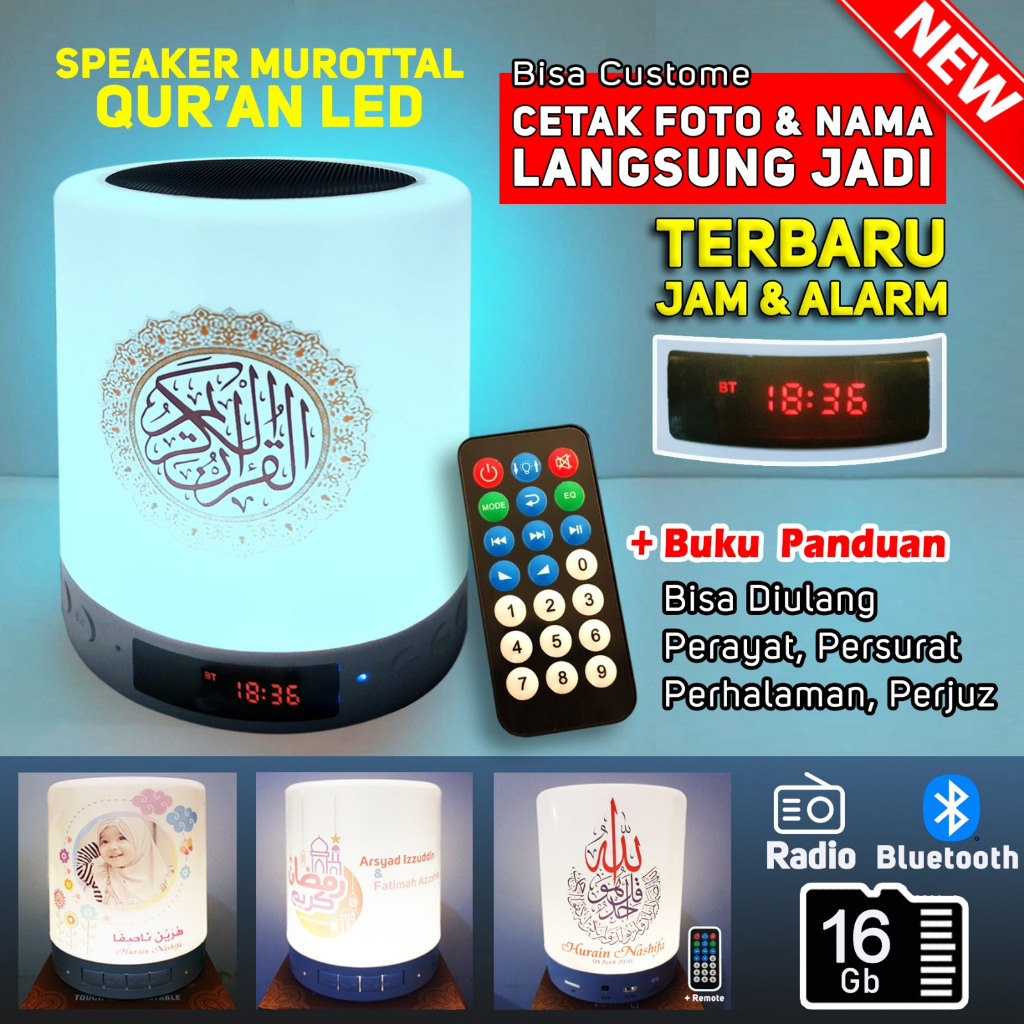 SPEAKER MUROTAL ALQURAN 30 JUZ LAMPU LED + REMOTE + ALARM DAN JAM SPIKER BLUETOOTH + MUROTTAL QURAN