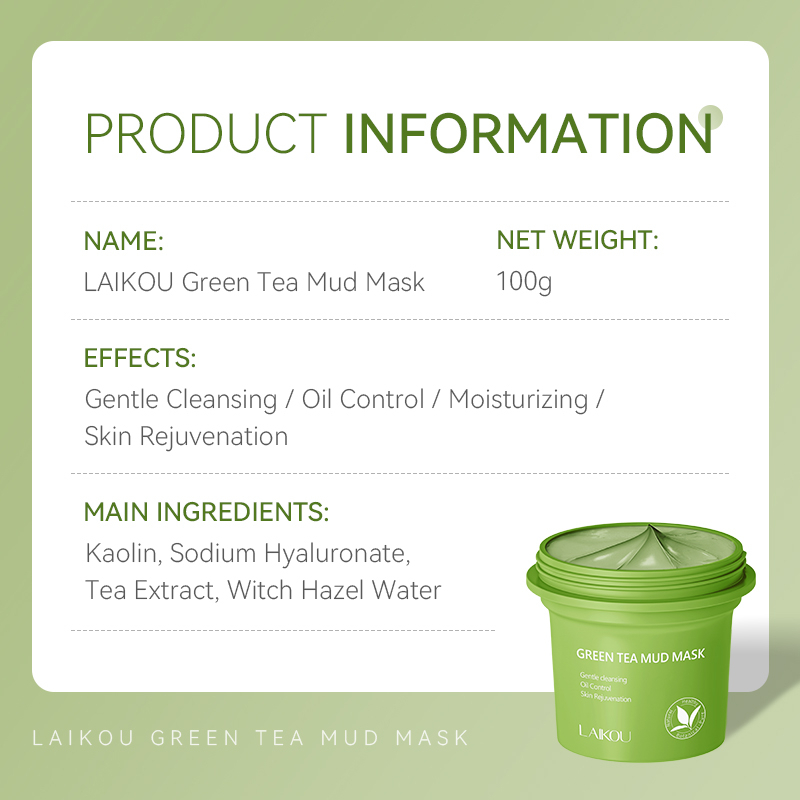 LAIKOU Green Tea Mud Mask Mengontrol Minyak Membersihkan Pori-Pori dan Komedo Melembutkan Kulit 100g