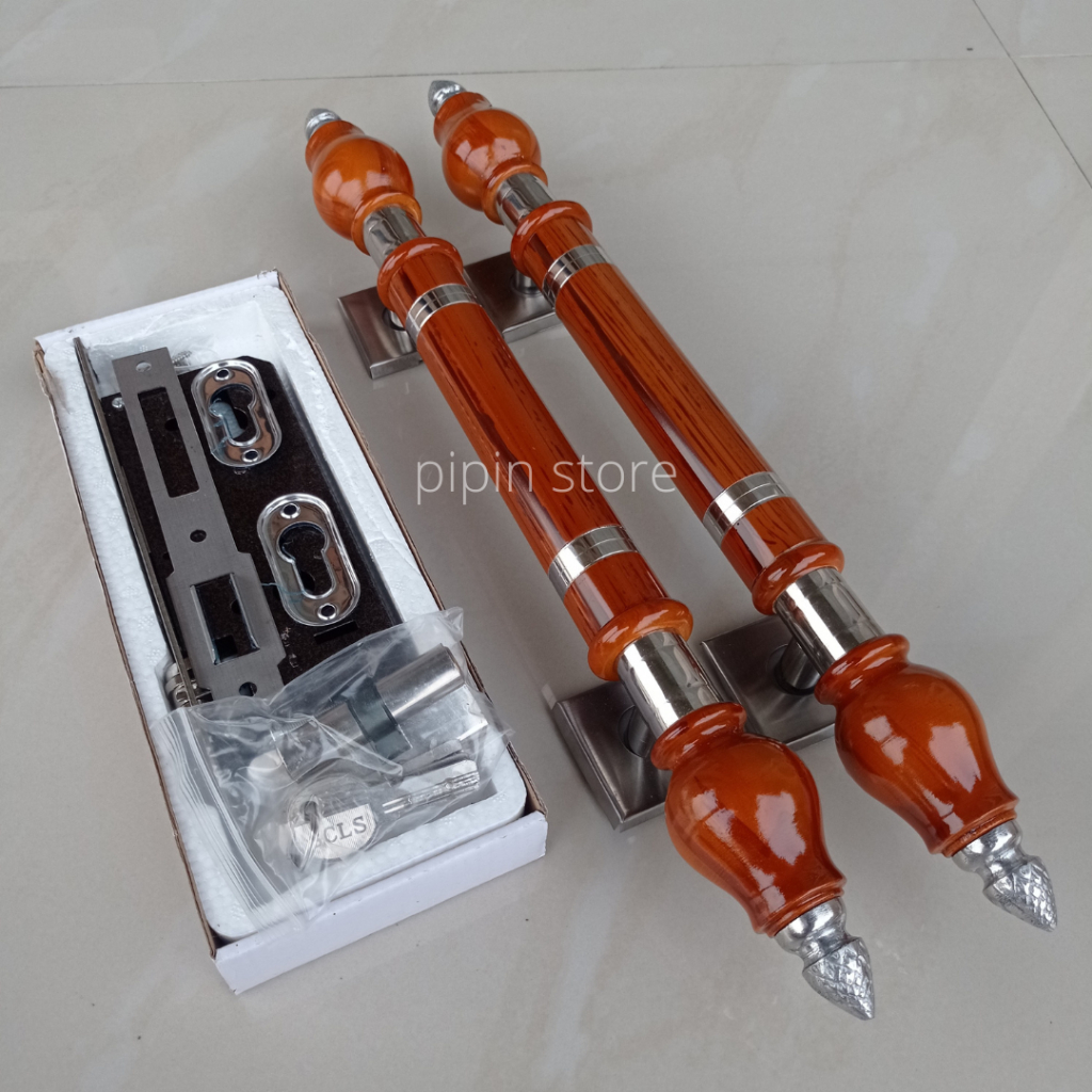 1 Satu Set Handle Pintu Kunci Rumah 45cm Minimalis Gagang Tarikan Pintu Rumah Stainless Pegangan Pintu Kayu 35cm Model Jambu Mewah Lengkap