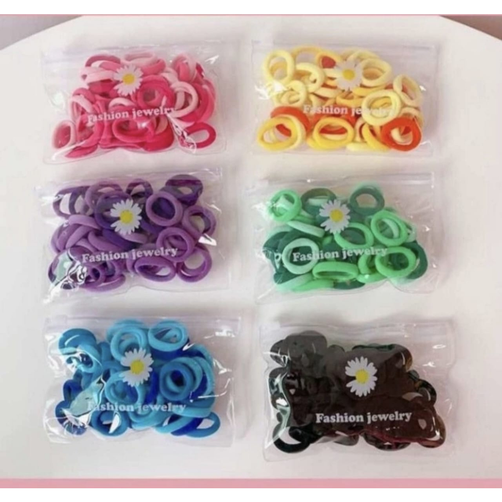 Karet Ikat Rambut Korea Isi 100 Pcs Plus Pouch Ikat Rambut Polos Elastis