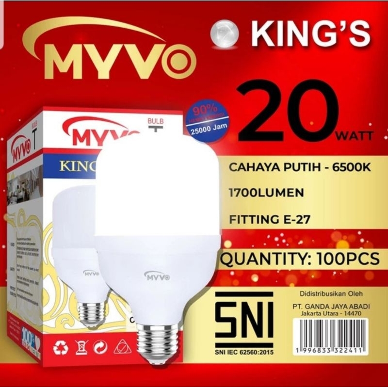 Lampu Led MYVO KING'S 20 Watt 20W Cahaya Putih 6500K &amp; Cahaya Kuning 3000K  Garansi 1 Tahun