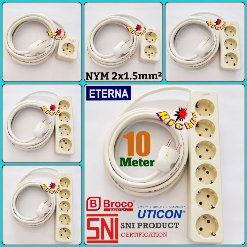 Uticon 1,2,3,4,5,6 lubang kabel 10 meter Eterna NYM 2x1.5mm