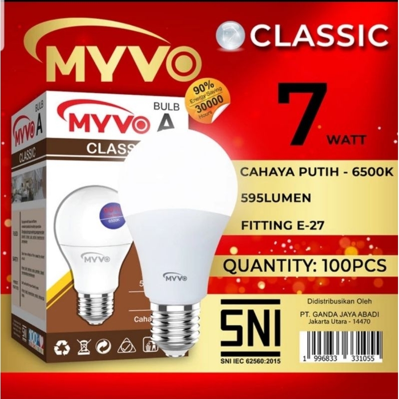 Lampu Led MYVO CLASSIC 7 Watt 7W Garansi 1 Tahun Cahaya Putih Dan Kuning Super Terang