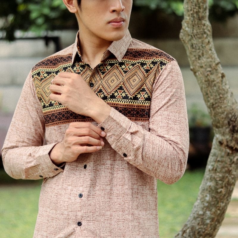 BatikBule Kemeja Koko Slimfit Panjang Motif Casual Warna Coklat &amp; Cream LBL 2032 &amp; 2033