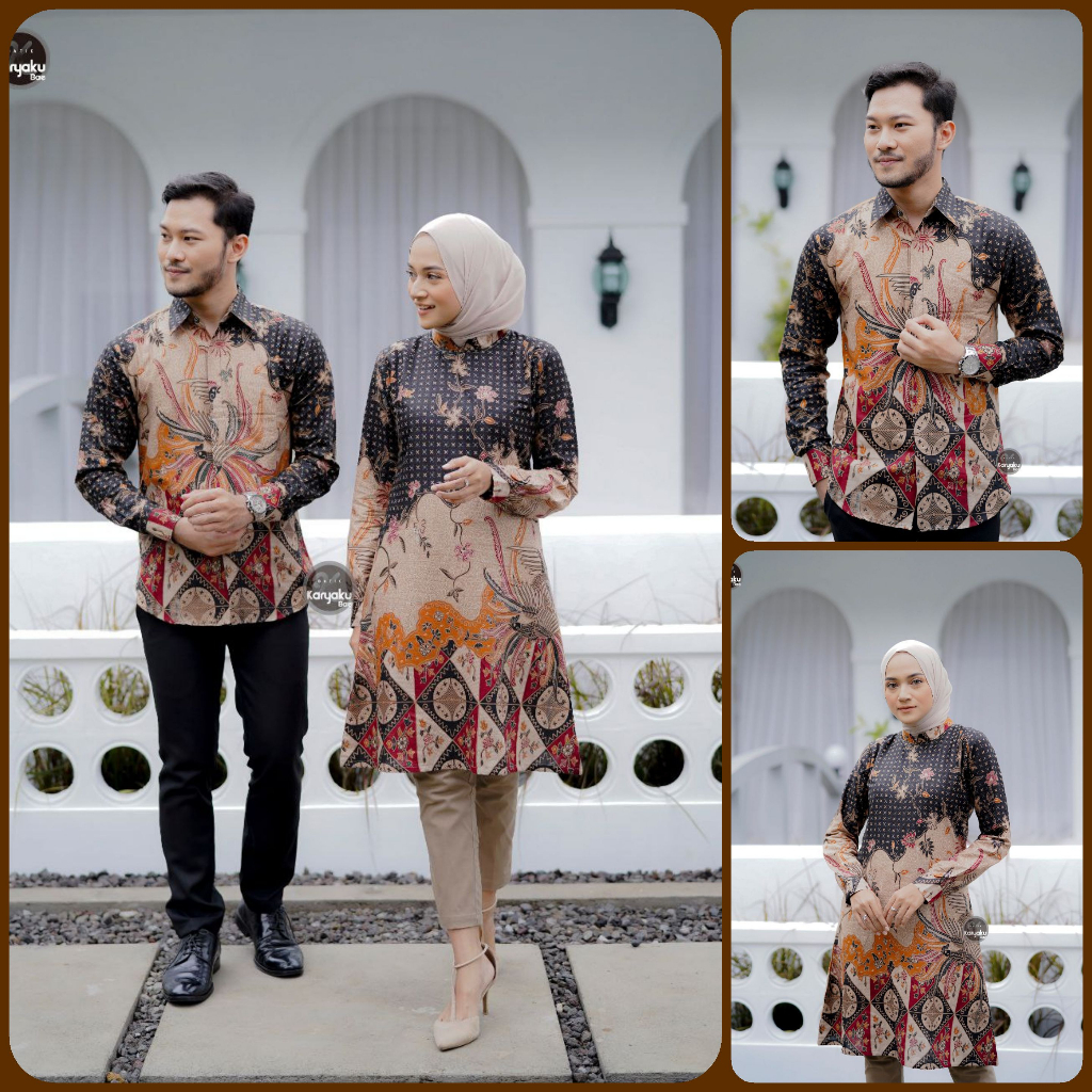 BATIK COUPLE MODERN MOTIF LAKSHA COKLAT KEMEJA &amp; TUNIK BATIK ATASAN BATIK WANITA BATIK PRIA