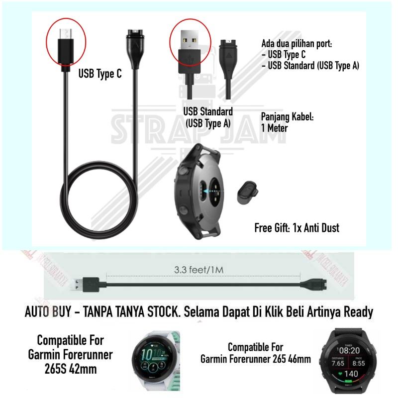 Kabel Garmin Forerunner 265 265S - Cable Charge Charging USB-A Standard USB Type C