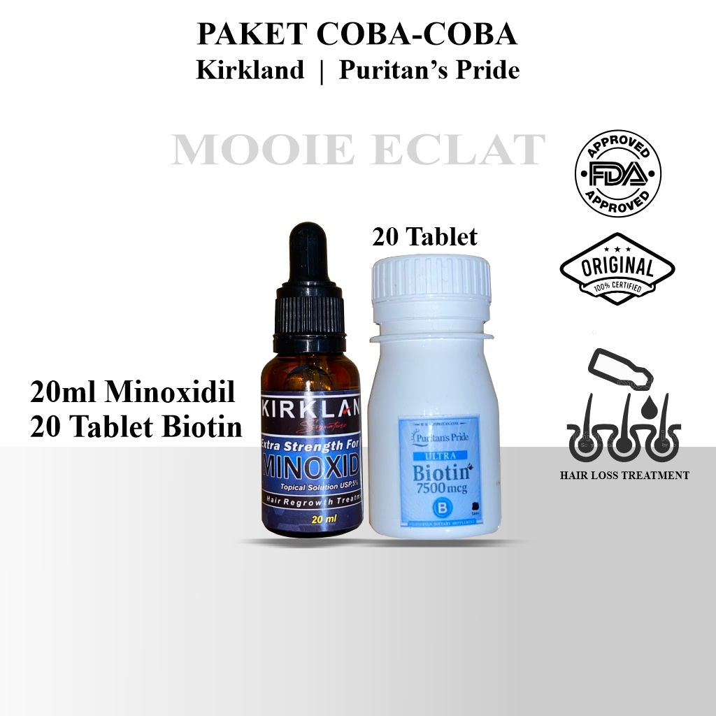 Minoxidil Kirkland 20ml dan biotin 7500mcg 20 tabs penumbuh rambut brewok dan alis ORIGINAL