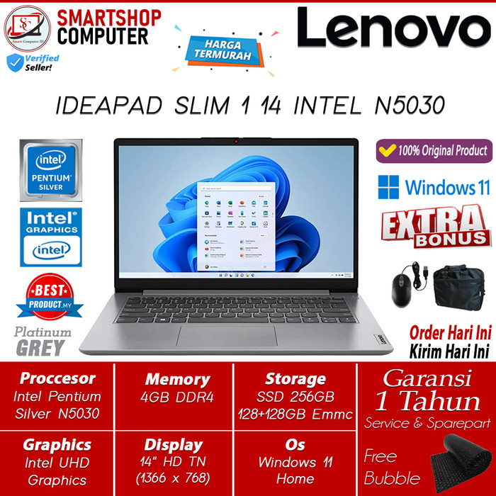 Promo Laptop Lenovo Ideapad SLIM 1 Intel N4020 4GB 512GB 14 FHD WIN11