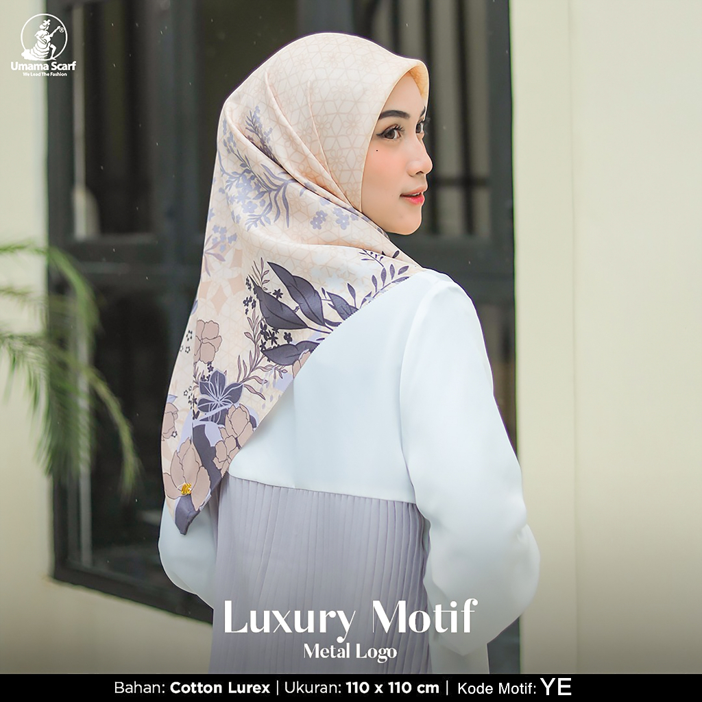 Jilbab Segiempat LUXURY PRINT UMAMA kode YE motif bahan Cotton Lurex original