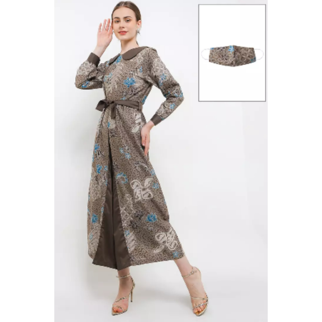 Krisna Batik Wanita Amira Coklat Gamis Batik Katun Lengan Panjang