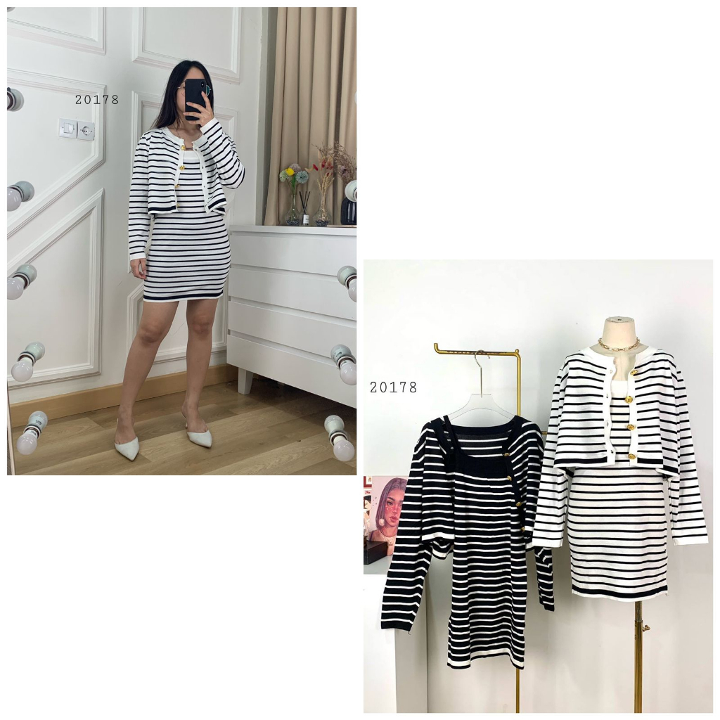 20178 DRESS MINI RAJUT SALUR 2IN1 WANITA TERUSAN MINI DRESS MOTIF GARIS MODEL 2INI1 TANGTOP DRESS MI