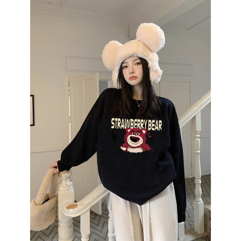 Kaos Stasan Wanita Oversize Couple Sweater American Vintage Bear Cartoon Graphic Priting Top Kekinian Casual Sweater