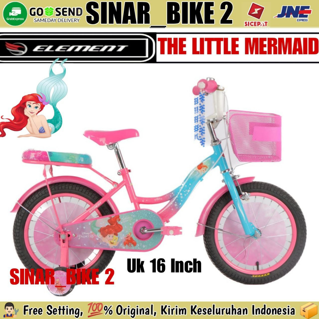 Sepeda Anak Perempuan Ukuran 12 16 &amp; 18 Inch ELEMENT DISNEY THE LITTLE MERMAID