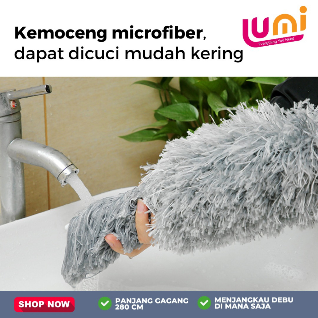 Kemoceng Teleskopik Pembersih Debu Gagang Panjang 2.8 Meter Sapu Microfiber Teleskopik Flexible Bisa Ditarik Ditekuk Alat Kebersihan Adjustable Membersihkan Langit Langit Atap Rumah Plafond Adjustable Deep Cleaning