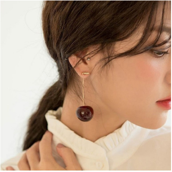 DHIO - 1 Pasang Anting Panjang Desain Cherry 3 Warna Bahan Alloy Untuk Aksesoris Perempuan