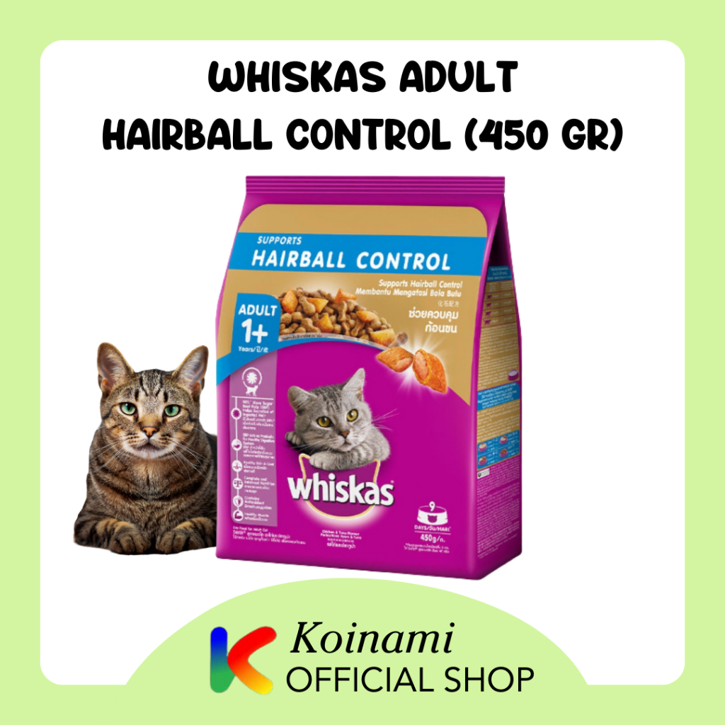 WHISKAS 450gr ADULT HAIRBALL CONTROL / makanan kucing / cat food / dray food / pakan kucing