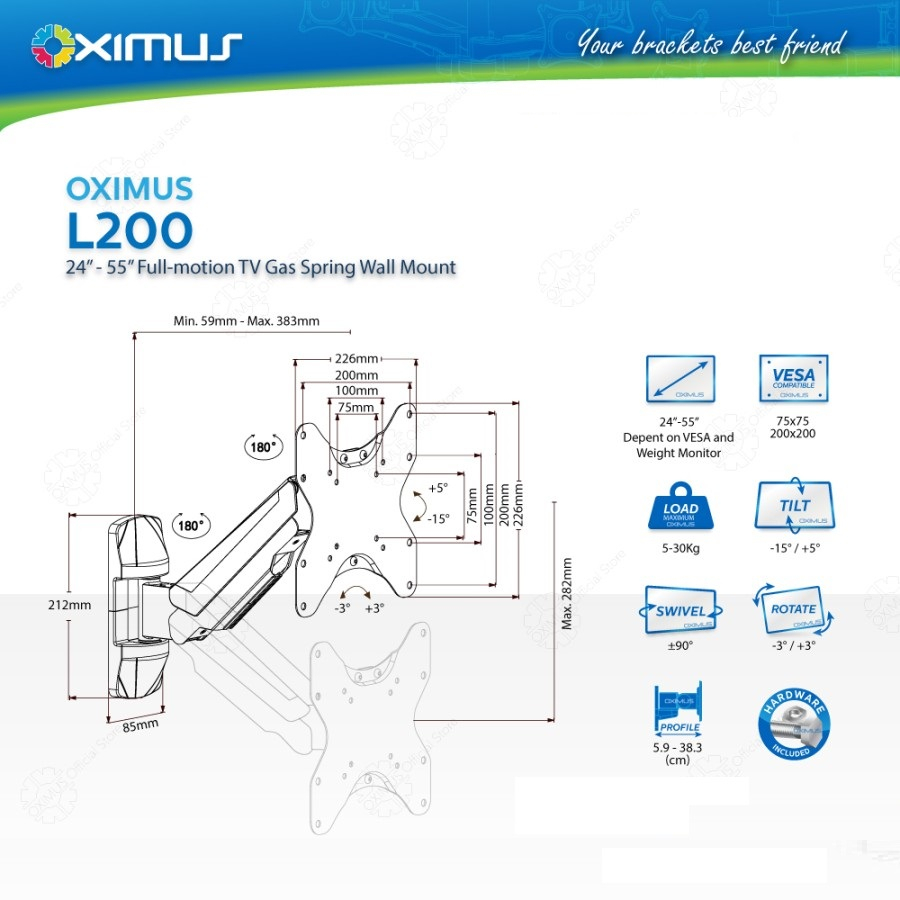 OXIMUS L200 Full-motion TV Gas Spring Wall Mount Bracket