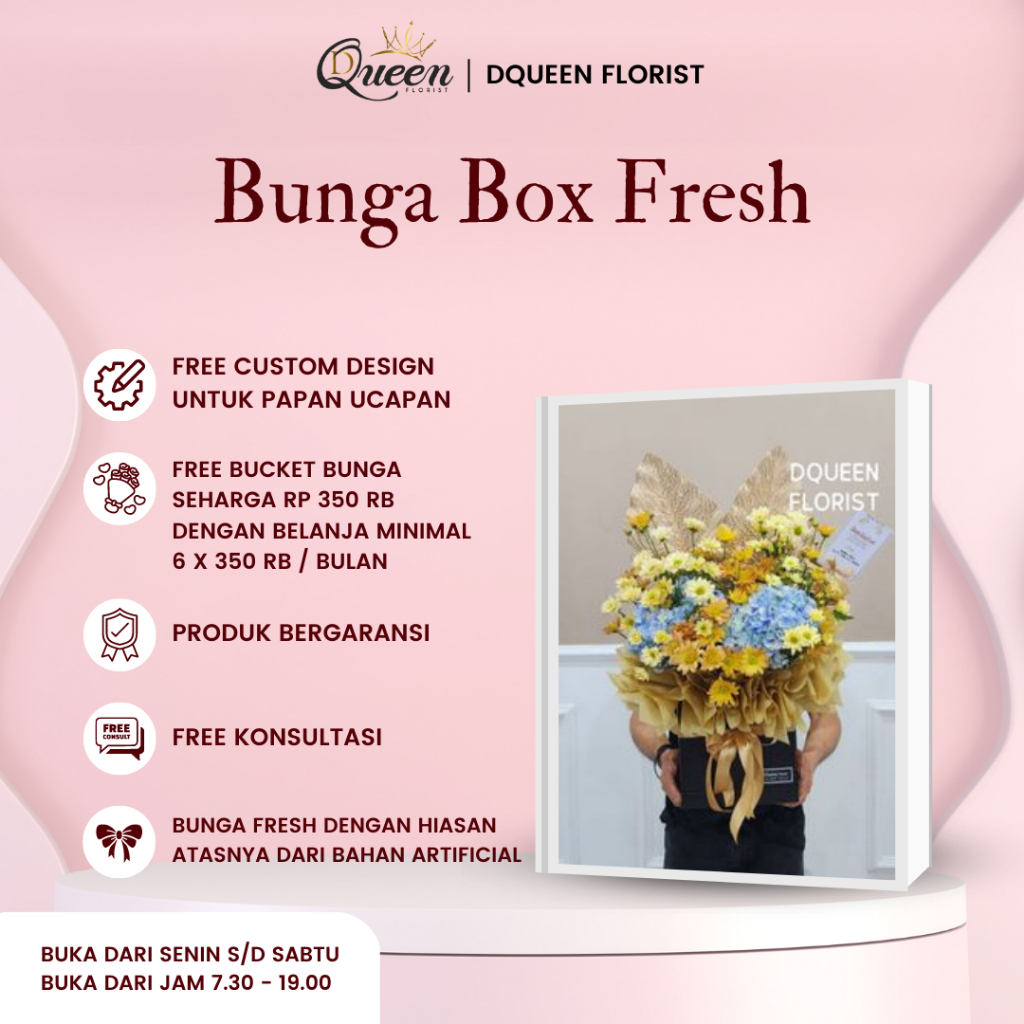 DQueen Florist Bunga Box Fresh Gift Flower Box Custom Bunga Buket Bucket Bulat Kotak Hantaran Ulang Tahun