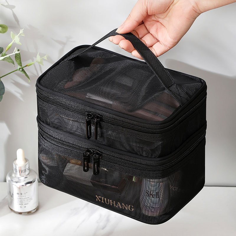 MAANGE Tempat Alat Baru Transparan Travel Tas Koper Mesh Make Up Organizer Pouch Bag Dua Lapisan Tas Kosmetik1362