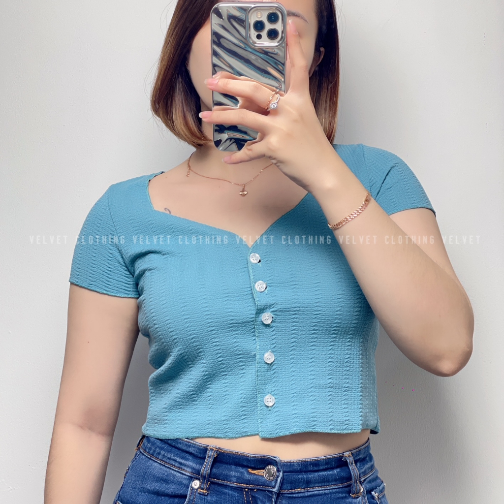 VELVET Crop Top Button Import wanita / Atasan button wanita / Kaos wanita import / Croptop knit button 3629 WAFFLE