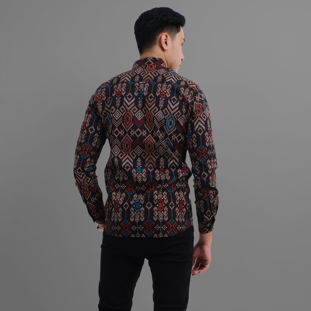 Maciku Kemeja batik songket pria lengan panjang hitam / baju batik cowok hitam 3635