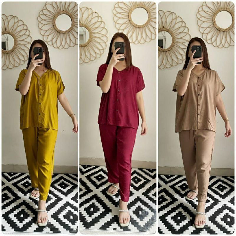 STELAN WANITA PIYAMA LENGAN PENDEK JUMBO / ONE SET VNECK POLOS / ATASAN DAN BAWAHAN WANITA