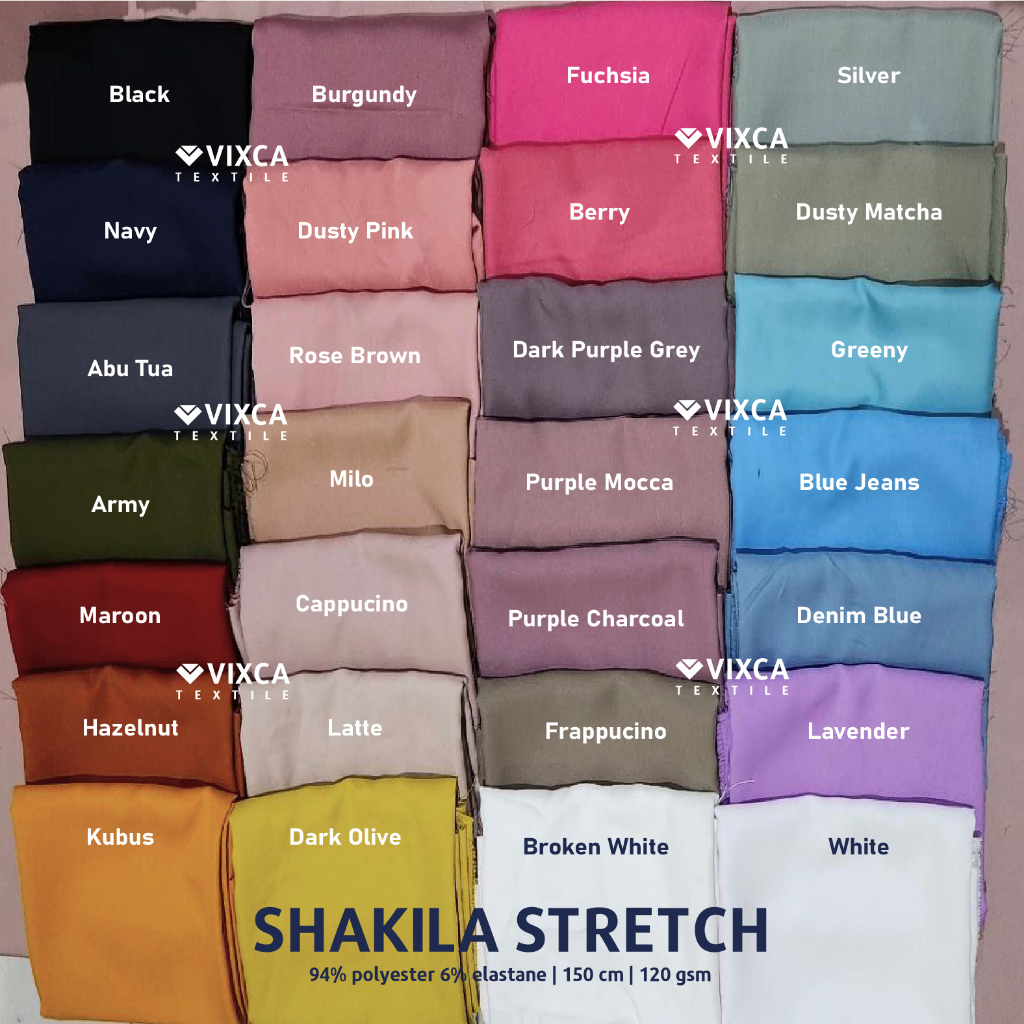 [PER 0,5 M] Kain Bahan Shakila Stretch Lebar 150 cm Samira Syakila Sakila Twill Polos Polosan ECER 1/2 METER METERAN 50 CM CENTIMETER