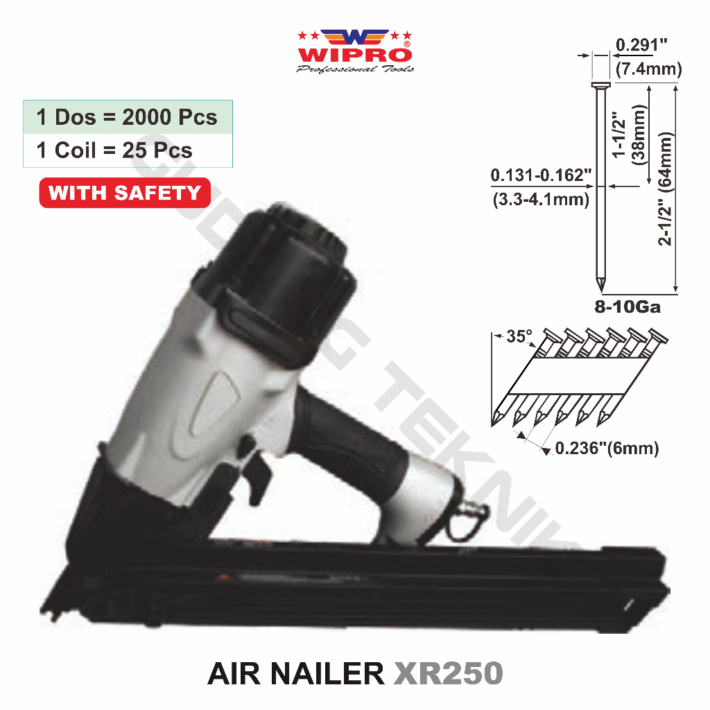 Air Nailer Paku Tembak Staples WIPRO XR-250 / Mesin Staples Paku Tembak Angin With Safety XR250 - Hekter Tembak Angin 55pcs WIPRO