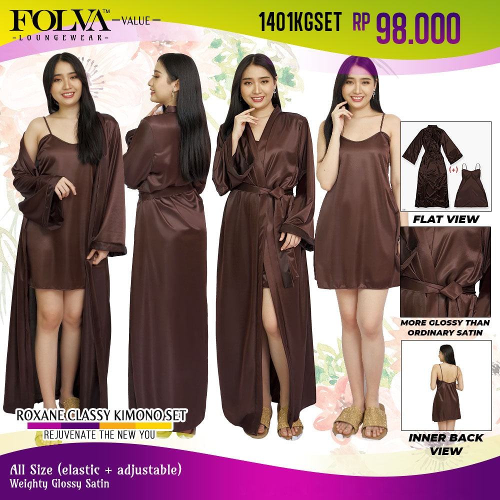 FOLVA kimono set baju tidur satin 1401KGSET coklat all size