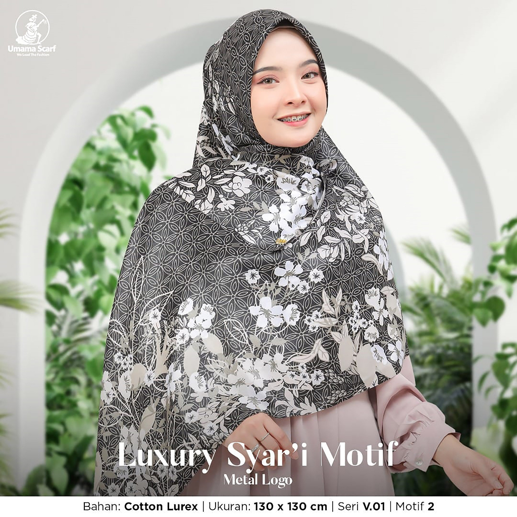 Jilbab Segiempat Syari  LUXURY PRINT Motif UMAMA LC 130 x 130 cm  kode SB metal logo bahan Cotton Lurex Glamour original PREMIUM