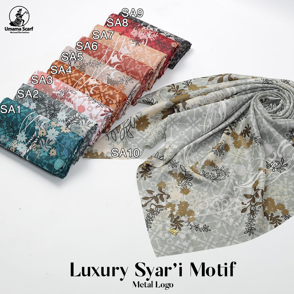 Jilbab Segiempat Syari  LUXURY PRINT Motif UMAMA LC 130 x 130 cm  kode SA metal logo bahan Cotton Lurex Glamour original PREMIUM