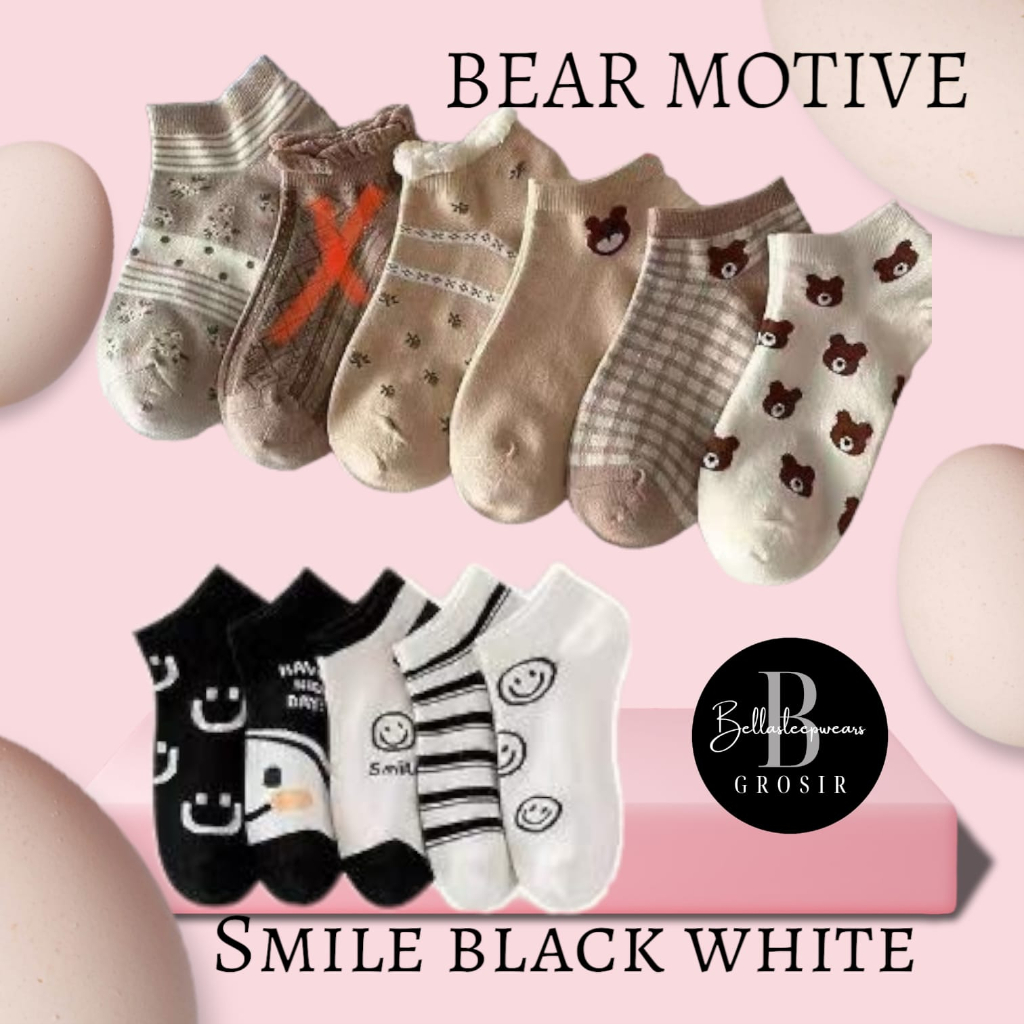 NEW - KAOS KAKI BERUANG BEAR MOTIF / MATCHA /  SMILE BLACK WHITE PENDEK MATA KAKI ANGKLE SOCK MOTIF KARAKTER