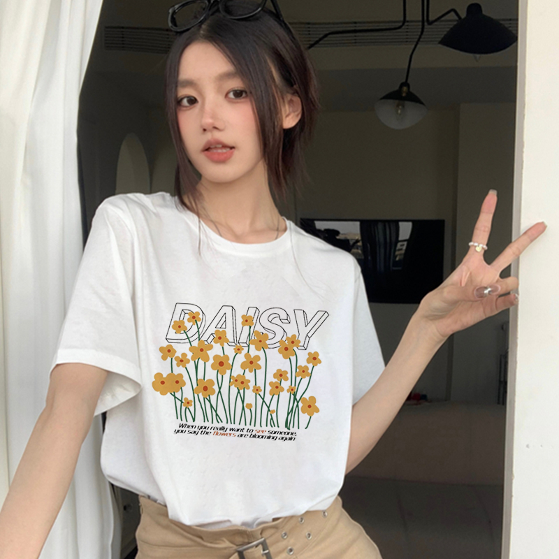 Print T-shirt Kaos Lengan Pendek Cartoon Yellow Flowers Baju Wanita Oversize Korean Style