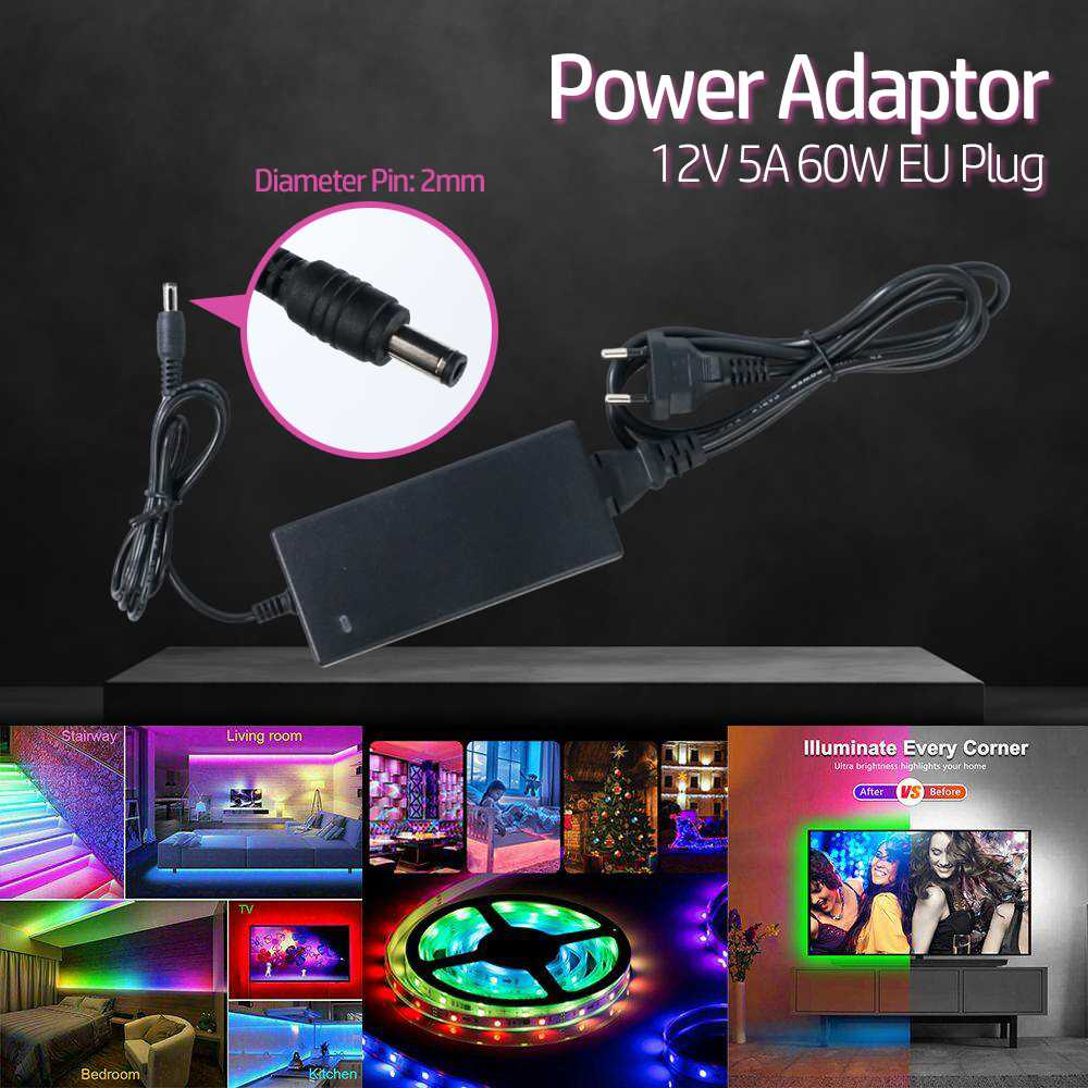 Power Adaptor 12V 5A 60W EU Plug untuk LED Strip lengkap dengan Kabel