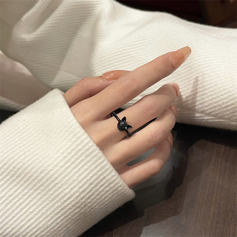 COD✨Cincin Jari Telunjuk Desain Kartun Lucu Korea Fashion Kucing Hitam Untuk Wanita Impor-Yinmer