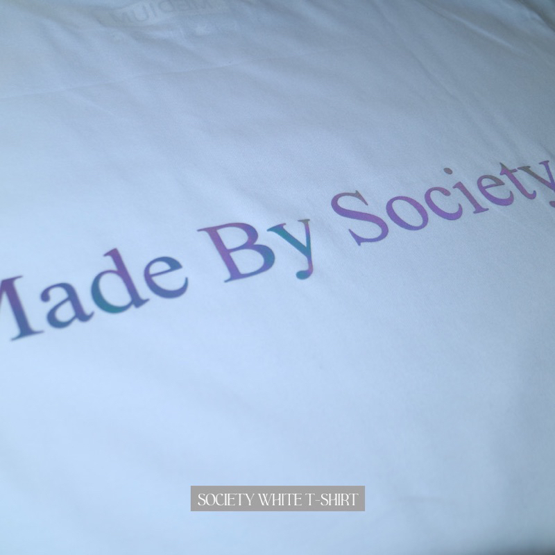 Lust. Society white t-shirt with rainbow reflective effect