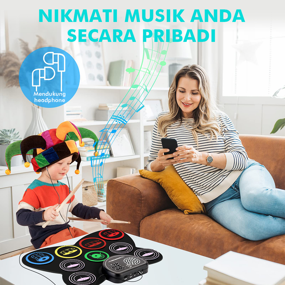 Drum Elektronik Berwarna-Warni Dengan Klakson Drum Elektronik Lipat Portabel Drum Elektronik Silikon Gulung Tangan Drum Set Anak-anak Berlatih