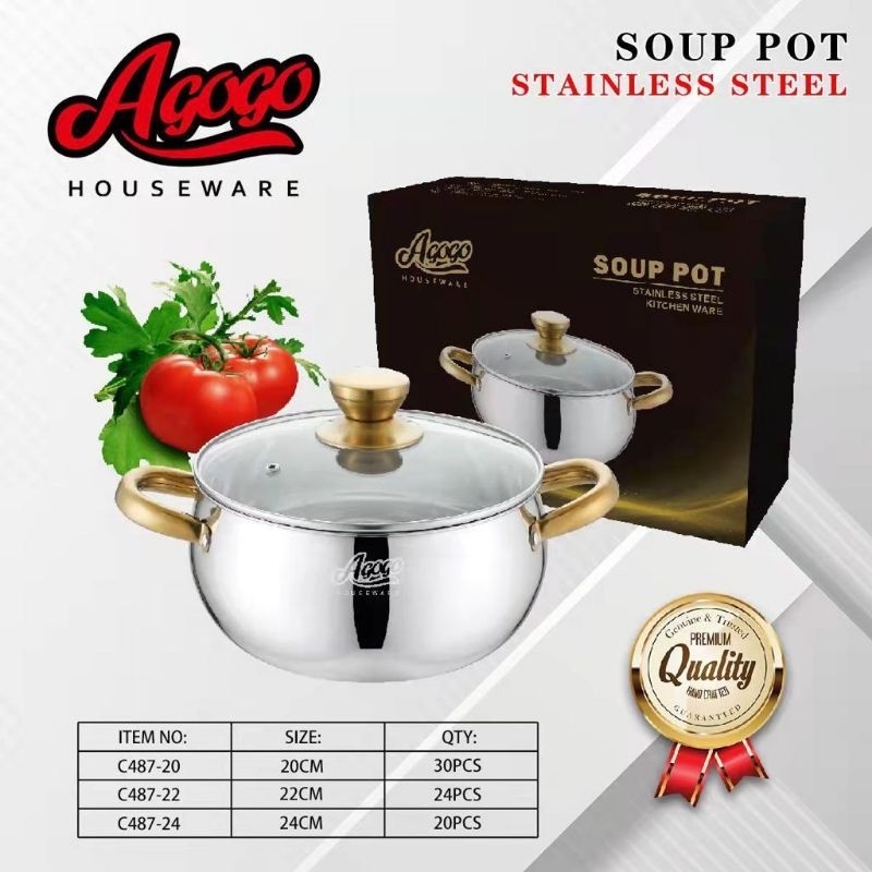 Agogo Soup pot Panci Sup Tutup kaca SS 304 20 24 Cm