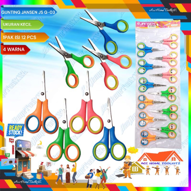 Gunting Kertas Sebaguna Scissors Original Gunting Warna Stainless Steel Renteng 12 pcs Ukuran Kecil Jansen GS-03 Rentengan 12pcs