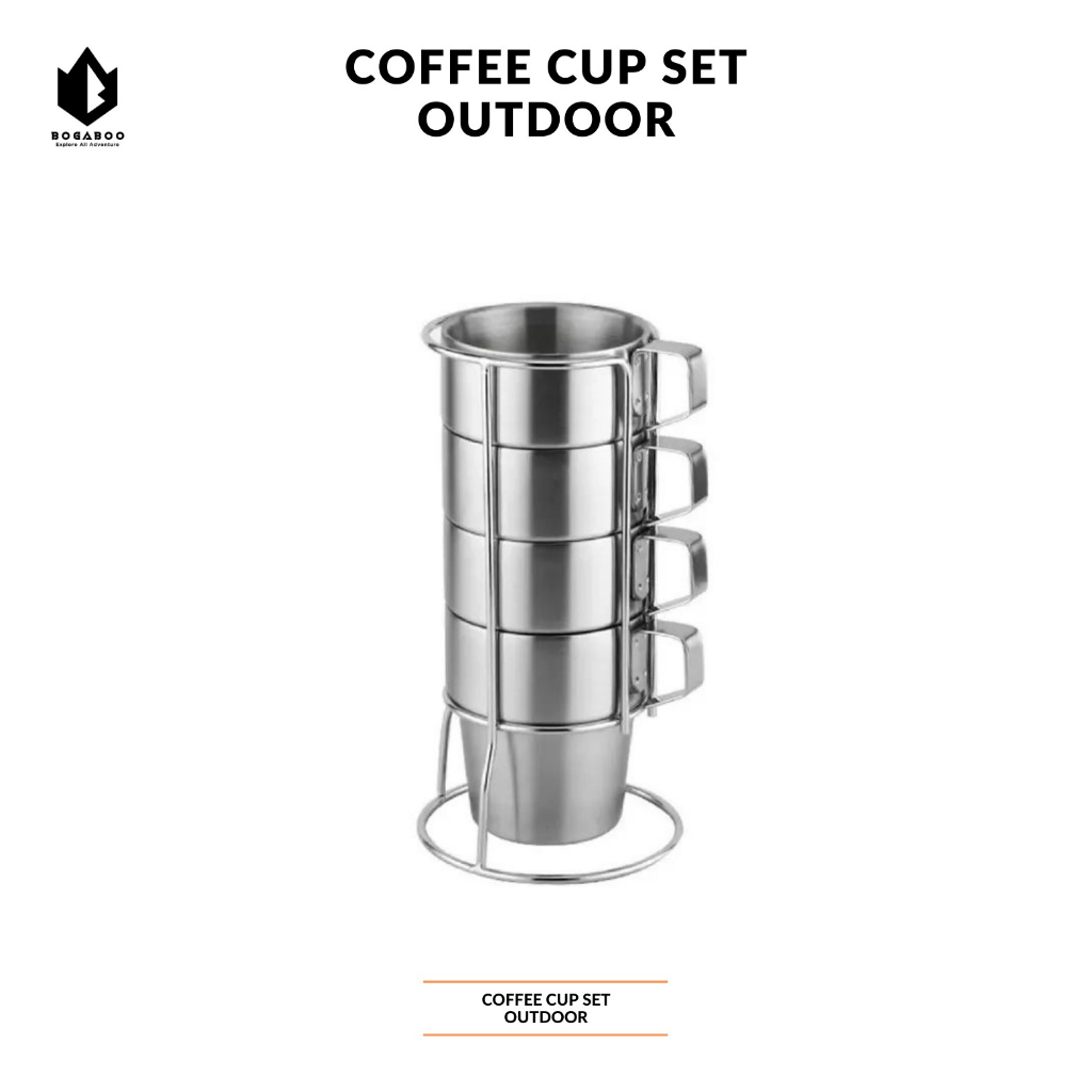 BISA COD Coffe Cup Set Stainless Double Wall - Gelas Susun 4 Pcs  - Mug Set 300 ml - Cangkir  Kopi Camping Hiking Outdoor