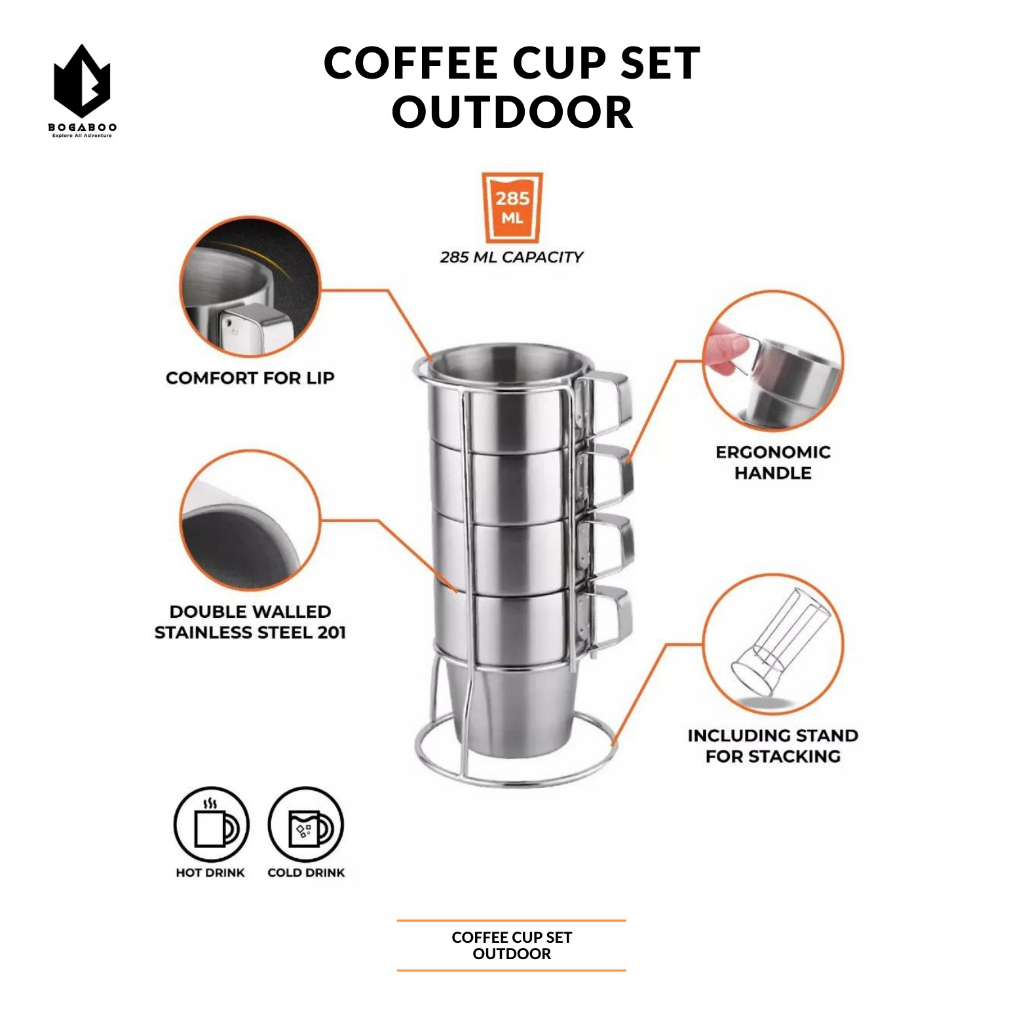 BISA COD Coffe Cup Set Stainless Double Wall - Gelas Susun 4 Pcs  - Mug Set 300 ml - Cangkir  Kopi Camping Hiking Outdoor