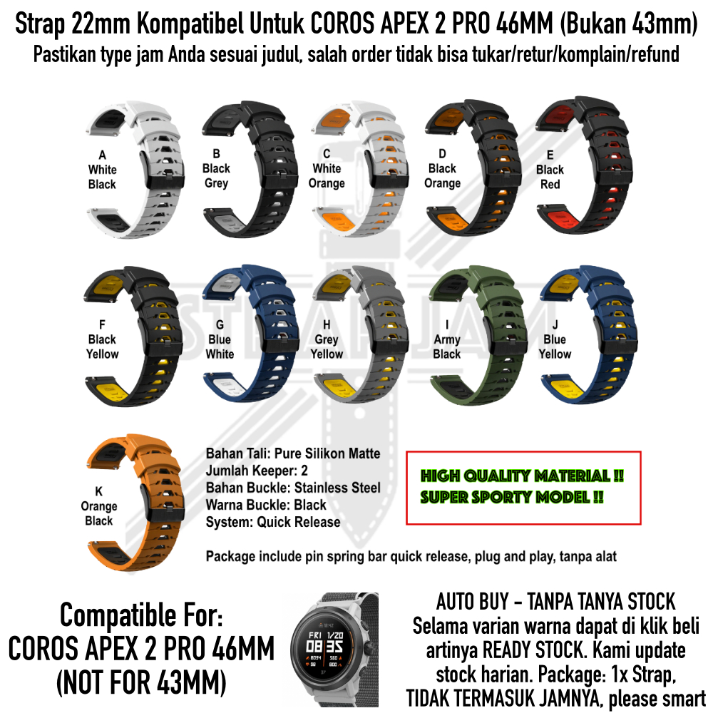 GTO 22mm Strap Coros Apex 2 Pro 46mm - Tali Jam Pure Rubber Quick Release