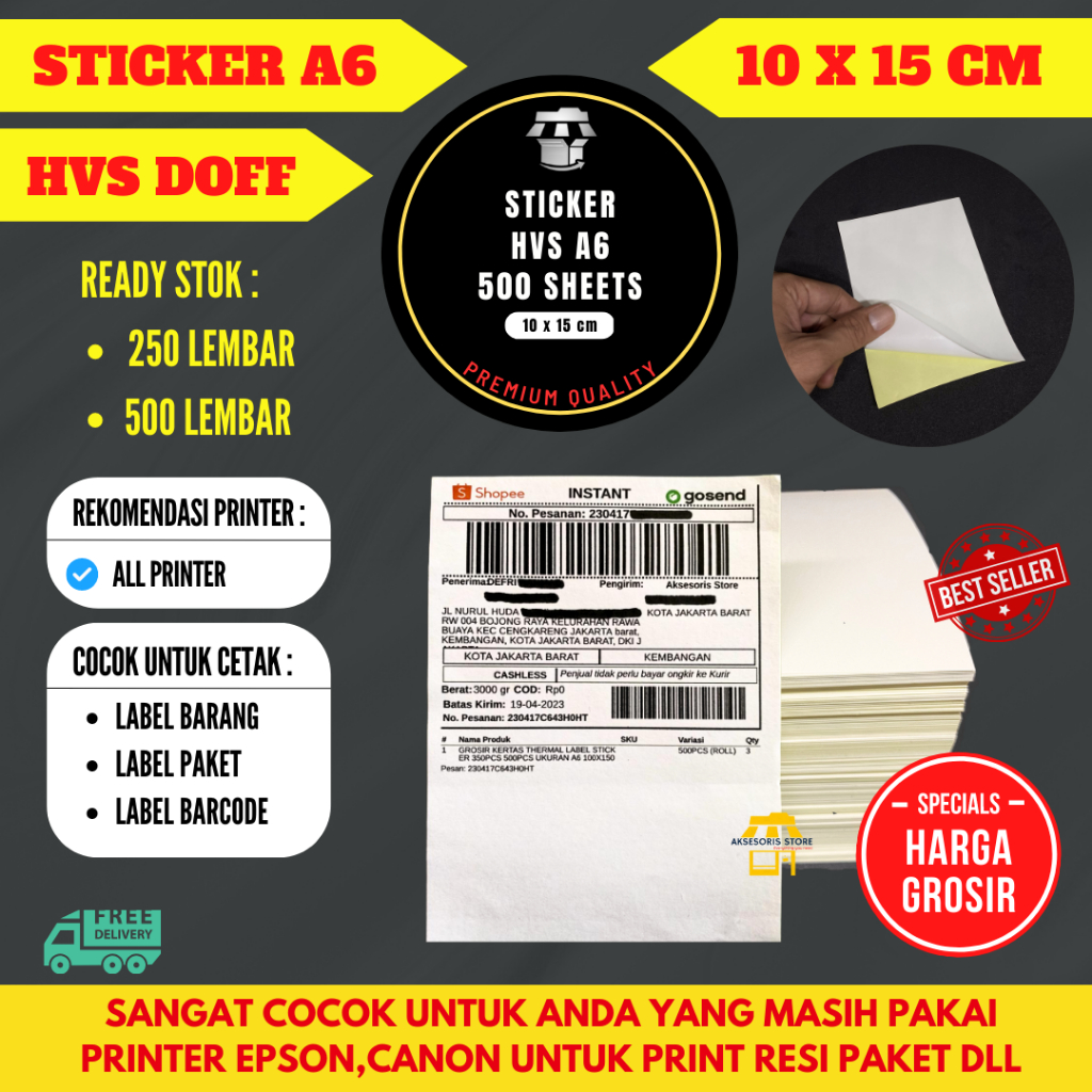 STIKER LABEL A6 ISI 500 LEMBAR / KERTAS STICKER HVS A6 UKURAN 10X15