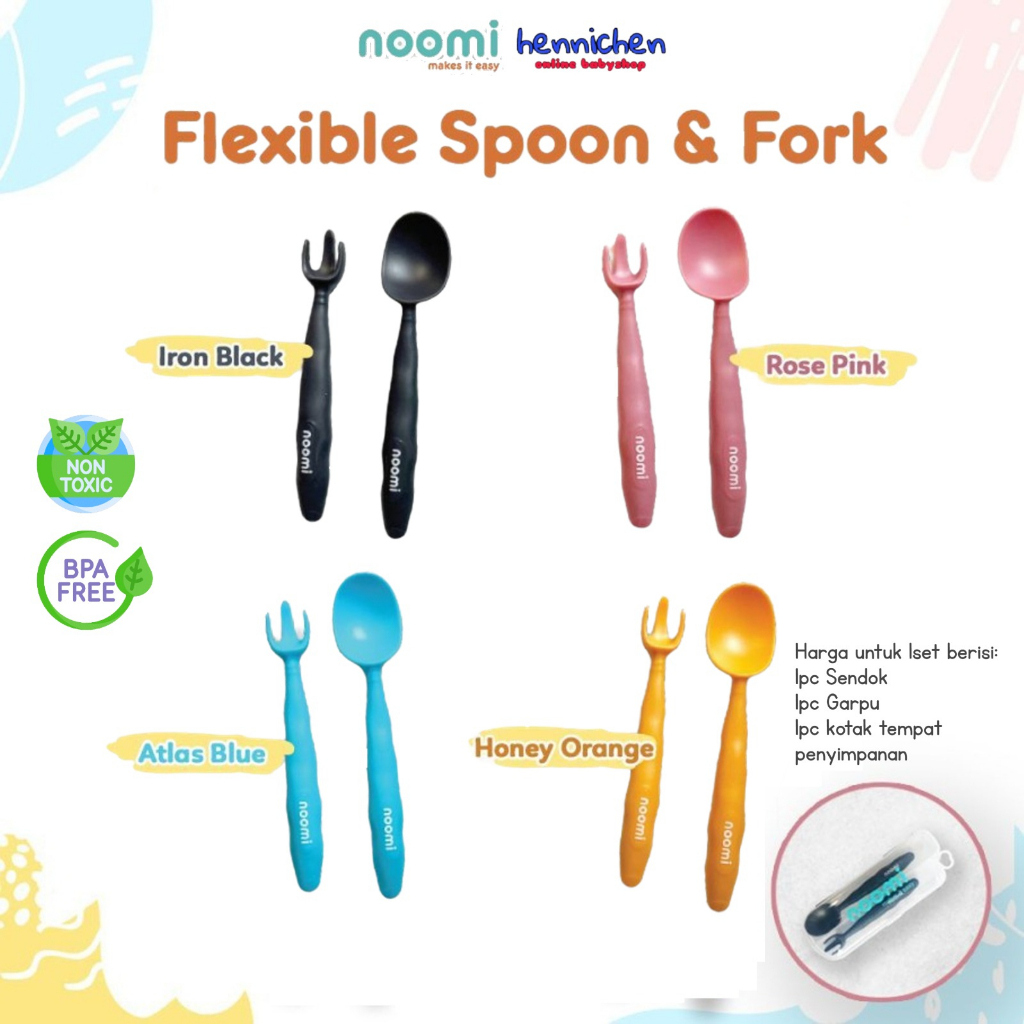 NOOMI FLEXIBLE SPOON AND FORK WITH CASE SENDOK GARPU MAKAN ANAK BAYI DENGAN WADAH BPA FREE