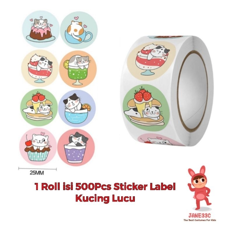 

1 Roll isi 500pcs Sticker Label Kucing Lucu untuk hadiah/kemasan